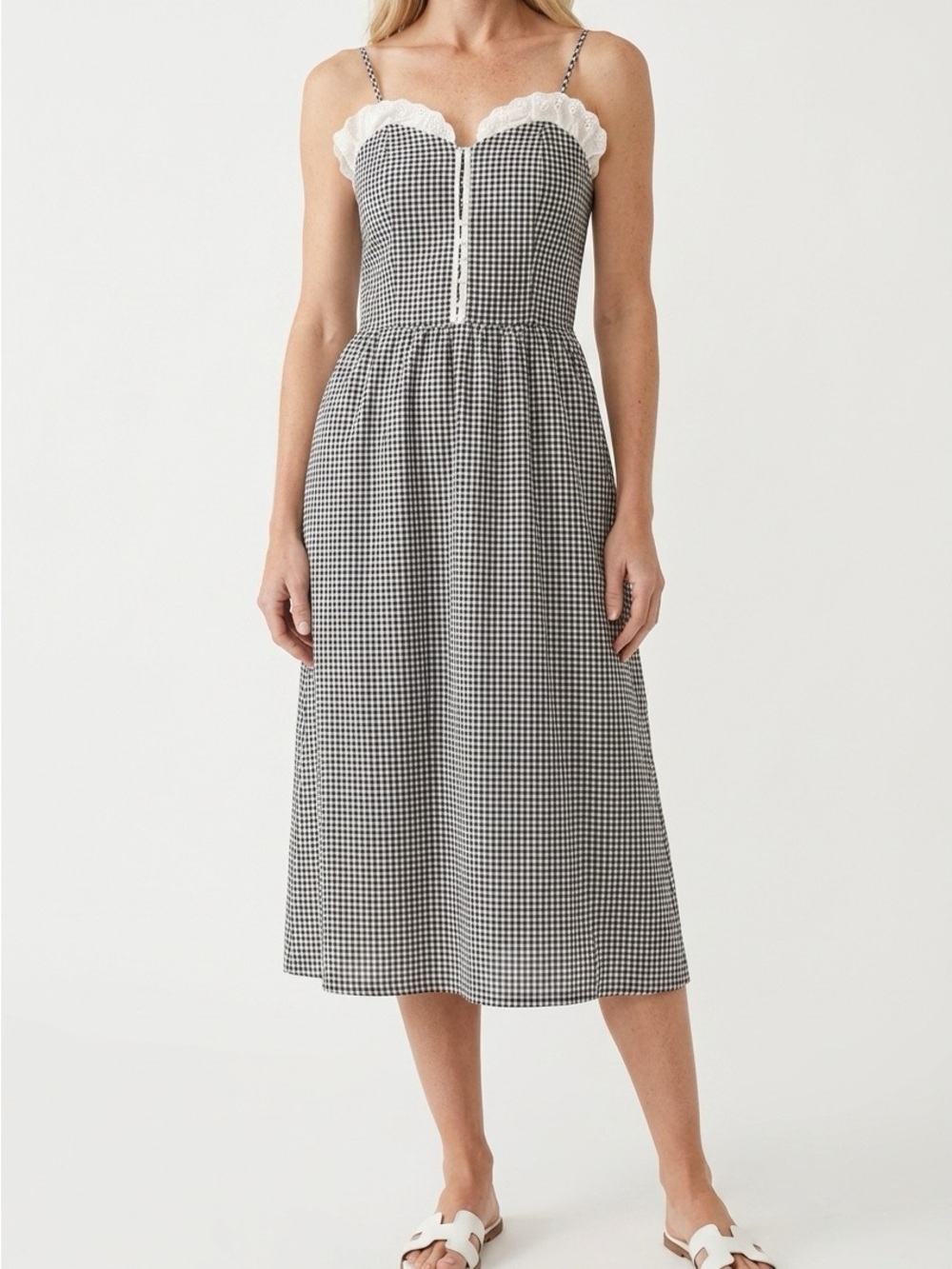 Rosie Posie Black and White Gingham Lace-Trim Midi Dress women’s size medium